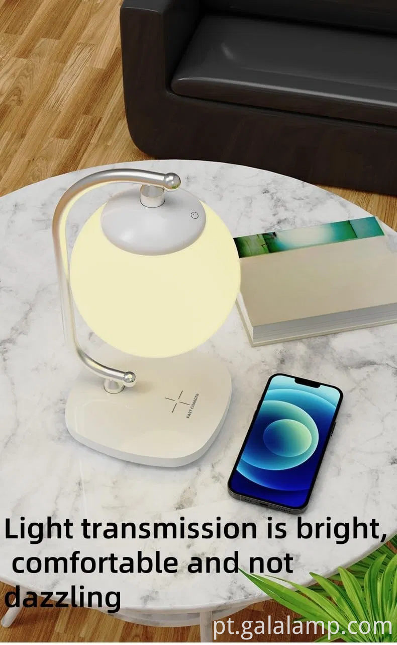 Lâmpada de mesa de LED regulável com carregamento sem fio para o quarto